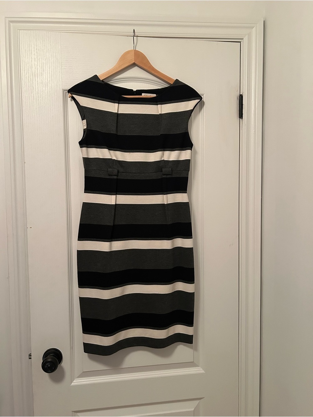 Calvin Klein Black, Gray & Cream Striped Midi Dress